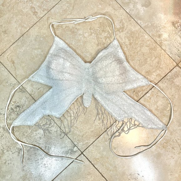 Vintage Beaded Butterfly Top Crop Open Back Festival White Boho Summer - Picture 3 of 11
